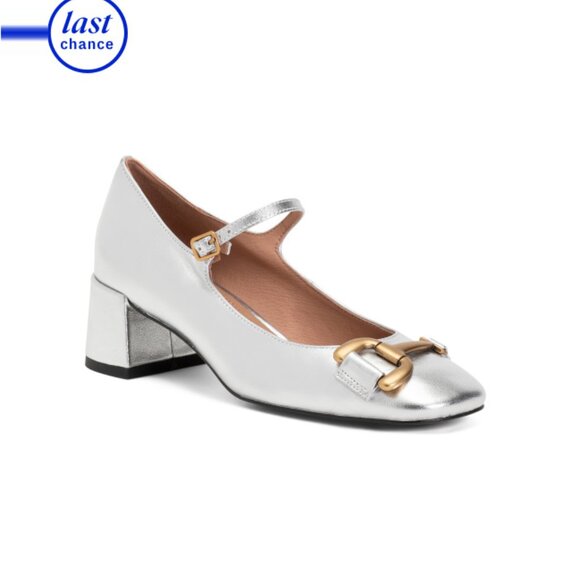 BIBI LOU Silver Leather Low Block Heels - Picture 1 of 2